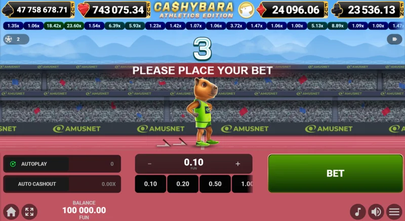 Cashybara Athletics Edition - κύρια οθόνη του αγώνα με μετρητή πολλαπλασιαστή
